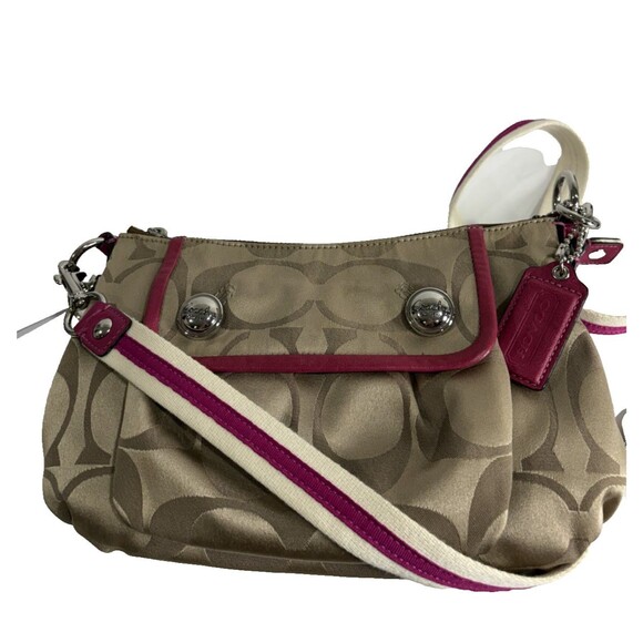 Coach Signature C Satchel Beige / Leather Hot Pink Trim Arm Handbag Crossbody - Picture 2 of 10